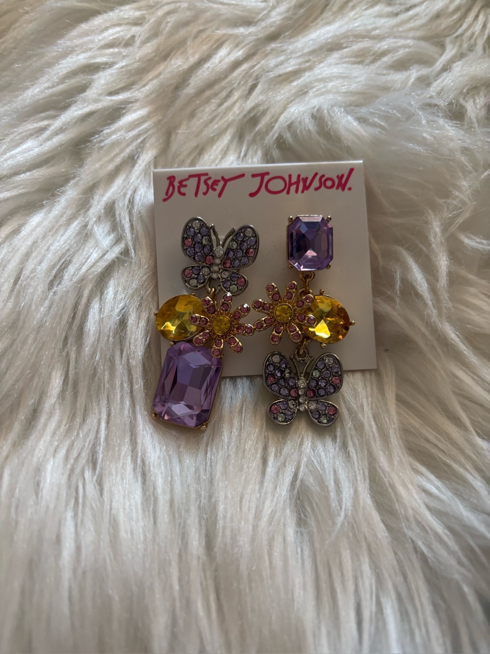 Betsey Johnson Purple and Yellow Crystal Butterfly Flower Drop Earrings